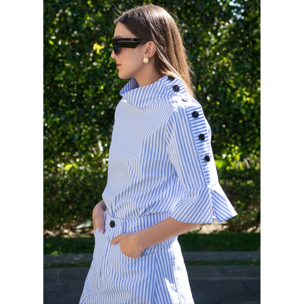 NEW Benaar Kya Striped Button Blouse Blue White Womens XS